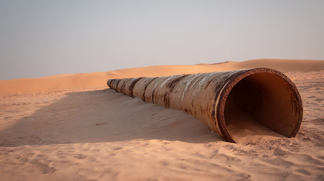 Desert Relic: Weathered Industrial Pipe half buried in vast arid sand dunes under a clear, pale sky, symbolizing neglect and solitude
