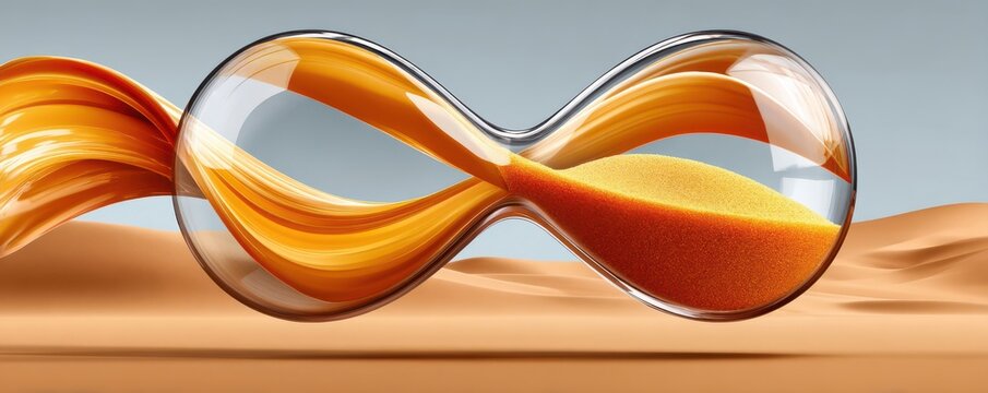 Hourglass shaped like an infinity symbol with flowing golden sand symbolizing endless time and continuity