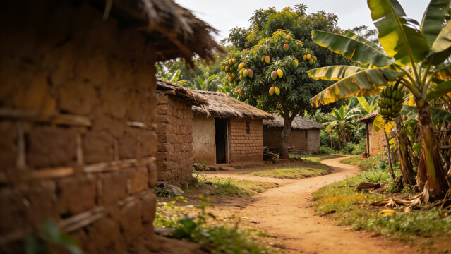 Traditional mud huts in a rural African village with lush mango trees and a dirt pathway