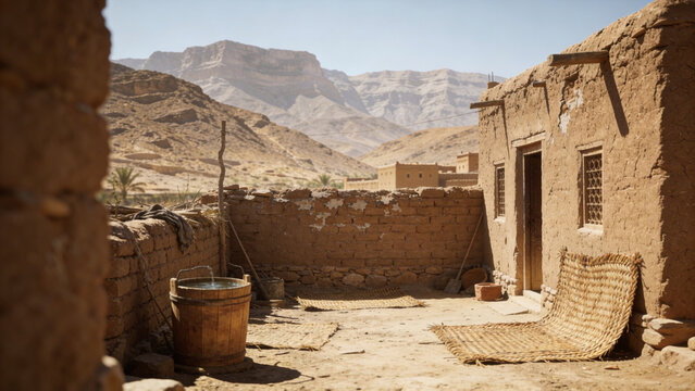 Traditional mud brick house courtyard with a water barrel and scenic mountain background