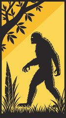 Fototapeta premium Vector illustration bigfoot silhouette walking in the forest, vector illustration of a mysterious creature in the woods