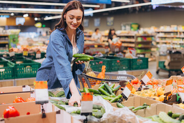 Woman selecting fresh organic cucumbers at supermarket produce aisle for healthy grocery shopping