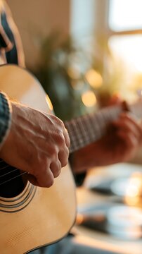 Hands playing acoustic guitar in cozy, sunlit setting