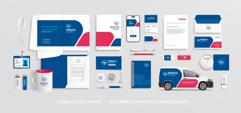 Brand Identity Mock-Ups with Health Care logo of stationery set. Medical Clinic or Pharmacy branding of stationary mockup templates of File folder, annual report, van, a4 brochure - editable vector