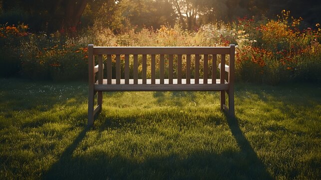 Empty wooden bench in sunlit meadow with tall grass and colorful wildflowers