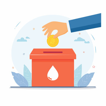 Hand Donating Coin to Donation Box with Water Drop Symbol