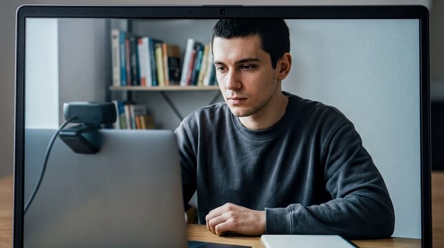 online exam monitoring, a focused student sits at their desk, observed by a proctoring ai through a webcam