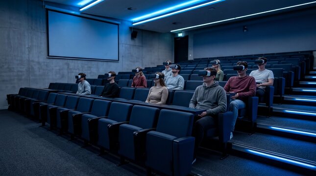 virtual learning experience, students in a futuristic classroom wearing vr headsets, immersed in learning