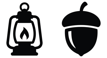 Vintage lantern and acorn silhouette icons for camping or outdoor activities © ROBIN