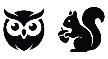 Fototapeta premium Minimalist black silhouette icons of an owl and squirrel holding a nut wildlife vector art