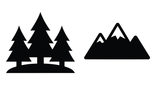 Minimalist black silhouette icons of pine trees and mountains for outdoor branding