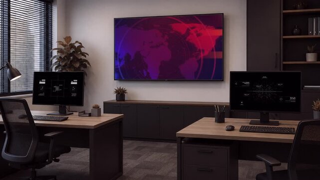 Office interior setting with animated screens