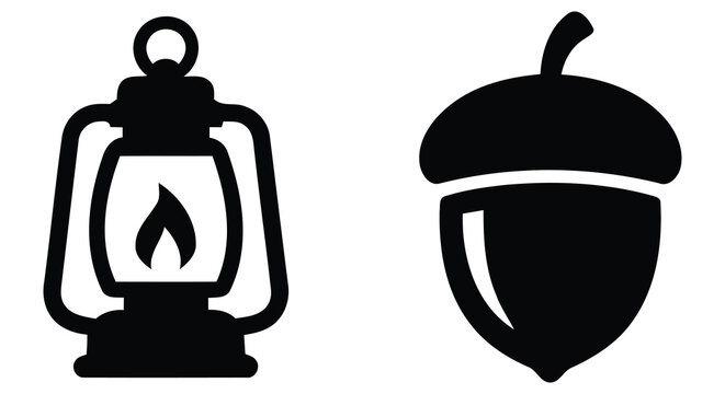 Vintage lantern and acorn silhouette icons for camping or outdoor activities