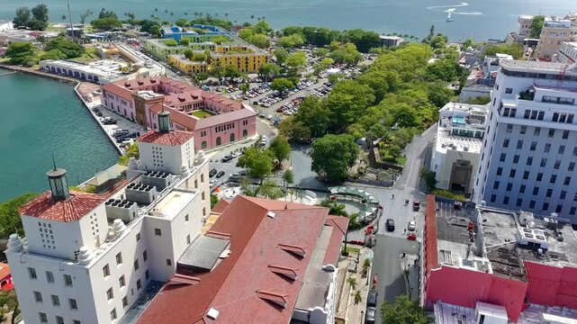 Drone footage of the entrance to Paseo la Princesa at old San Juan, Puerto Rico on a beautiful sunny day.