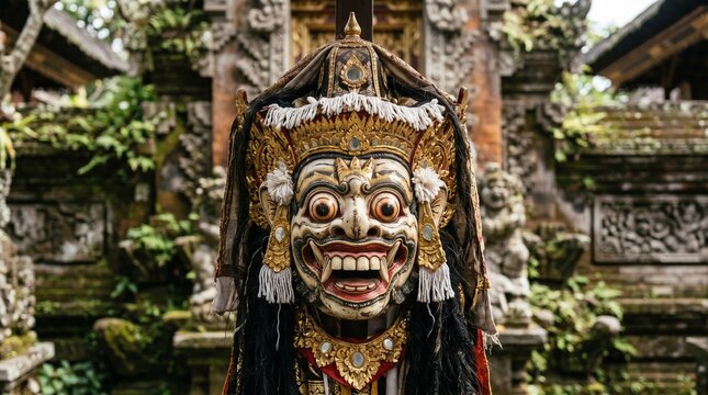 Traditional Balinese Barong Rangda Mask in Ancient Hindu Temple, Indonesia Cultural Heritage and Mythical Spiritual Art Portrait for Travel and Tourism Concept.