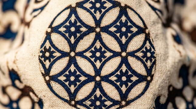 Close-up of Indonesian Batik Kawung Pattern Textile, Navy Blue and Beige Geometric Ethnic Motif, Traditional Fabric Texture Background for Cultural Fashion and Interior Design