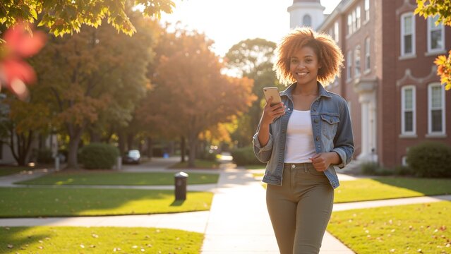 Smiling African American Female Student with Ginger Curls Using Smartphone on Sunny Campus