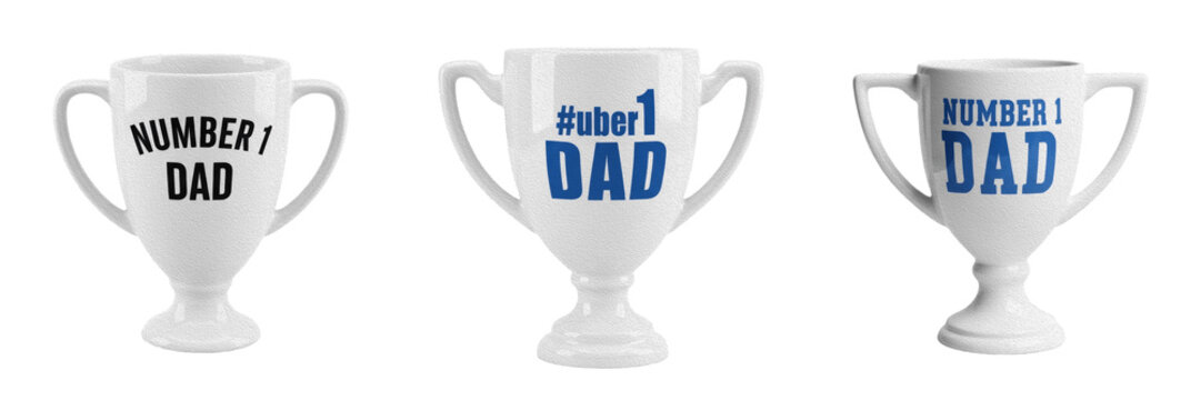 Set and collection of shiny silver first place trophy cup championship award with number one dad text engraving fathers day gift isolated on white transparent png background