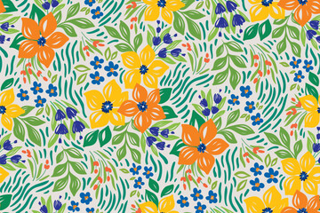 Fototapeta na wymiar Seamless floral pattern, abstract ditsy print, texture in artistic summer motif. Cute botanical design of hand drawn daisy flowers, small green leaves, sketch meadow, grass. Vector illustration.