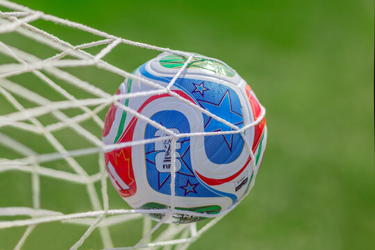 Calgary, AB, Canada. May 23, 2026. Official FIFA World Cup 2026 match ball hitting the white goal net on a sunny green pitch.