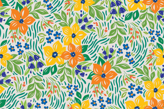 Seamless floral pattern, abstract ditsy print, texture in artistic summer motif. Cute botanical design of hand drawn daisy flowers, small green leaves, sketch meadow, grass. Vector illustration.