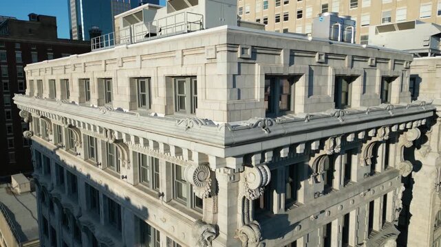 Aerial view of intricate ornamentation on old historic building