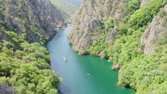 Aerial View of Canyon Matka: Nature's Reserve near Skopje, North Macedonia. Top View on River Between Mountains. Drone Video
