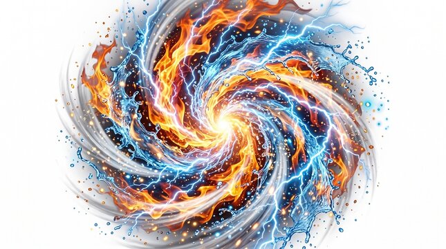 A dynamic vortex of fiery energy and electric bolts swirling outwards against a white background, creating a powerful, abstract spectacle of colliding forces