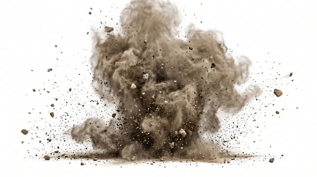 Powerful cloud of brown dust and debris exploding upwards, scattering particles in a dynamic burst against a clean white backdrop, symbolizing impact or demolition