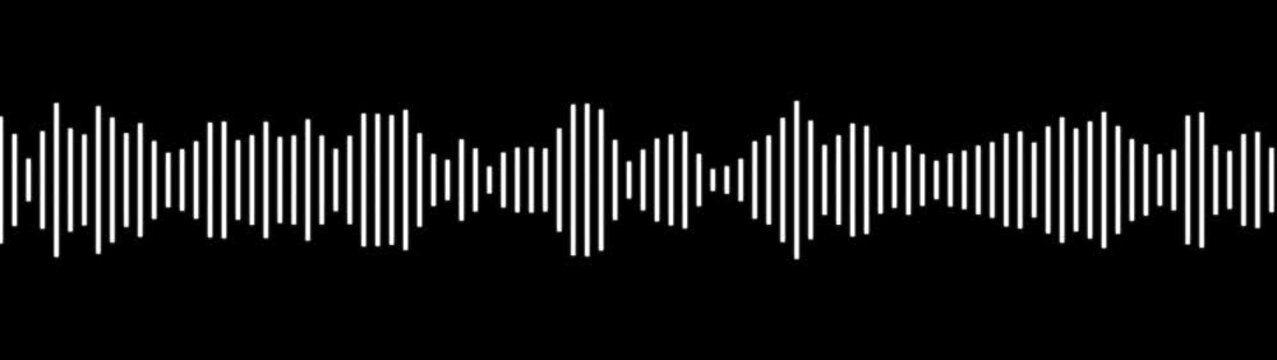 White audio waveform spectrum moving animation on black background. Sound wave pattern audio visual waveform. Motion graphics of music bar concept