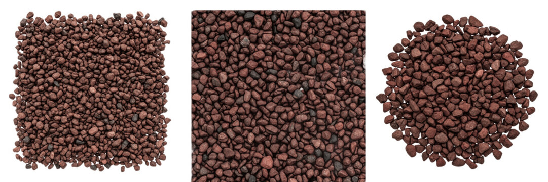 Set and collection of seamless background texture of dense brown expanded clay pellets volcanic rock granules isolated on white transparent png background
