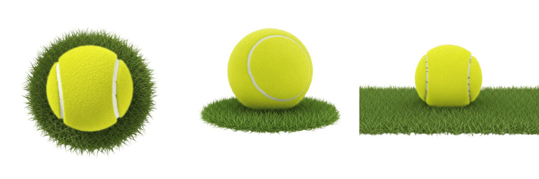 Set and collection of vibrant yellow tennis ball resting on a round patch of green grass isolated on white transparent png background