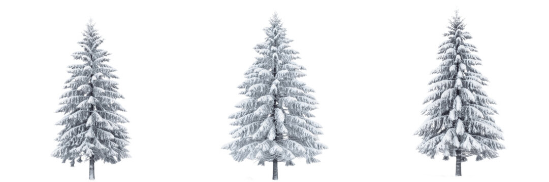 Set and collection of frosted winter Christmas pine tree covered in white snow holiday decoration isolated on white transparent png background