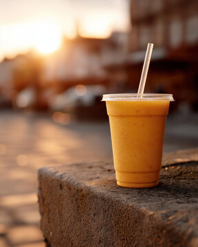 Tropical Fruit Smoothie in Takeaway Cup at Golden Hour on Urban Street