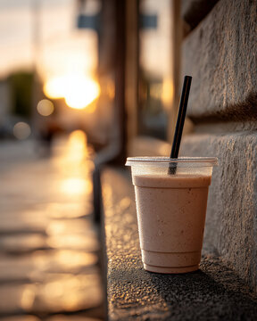 Takeaway Smoothie on City Street at Early Dawn with Golden Morning Light