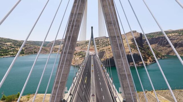 Aerial Video of Modern Bridge Over Wide Euphrates River
