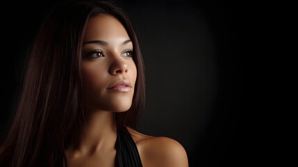 Fototapeta premium A contemplative portrait of a woman in a black top gazing thoughtfully into the distance