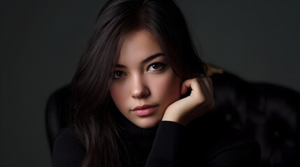 Fototapeta premium A contemplative portrait of a person wearing a dark turtleneck resting their chin on their hand in soft dramatic lighting