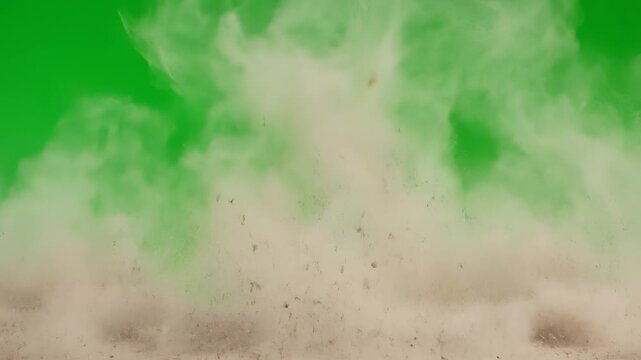 Explosion of Sand Dust Particles on Green Screen Background.