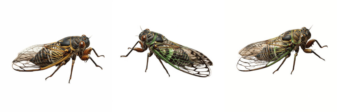 Set and collection of realistic cicada insect bug wildlife biology science educational icon element isolated on white transparent png background