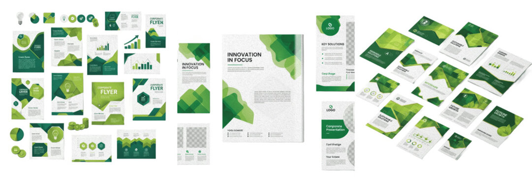 Set and collection of professional corporate business brand identity stationery brochure cover and green flyer design mockup template isolated on white transparent png background