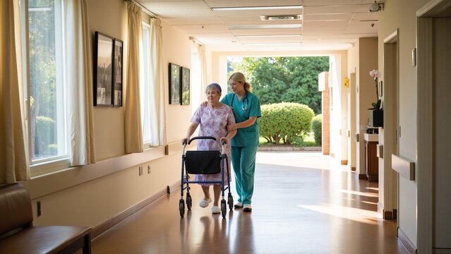 Nurse Helping Senior Woman Walk in Nursing Home