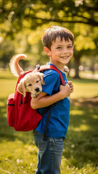 Garoto com cachorrinho na bolsa