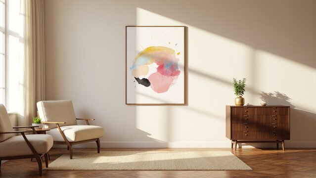 Modern Living Room Interior with 3D Poster Frame Mockup, Brass Commode, Vintage Chairs, Warm Lighting, and Decorative Succulent