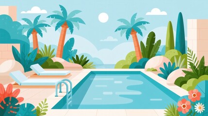 Obraz premium Flat design illustration of a tropical resort swimming pool with palm trees.