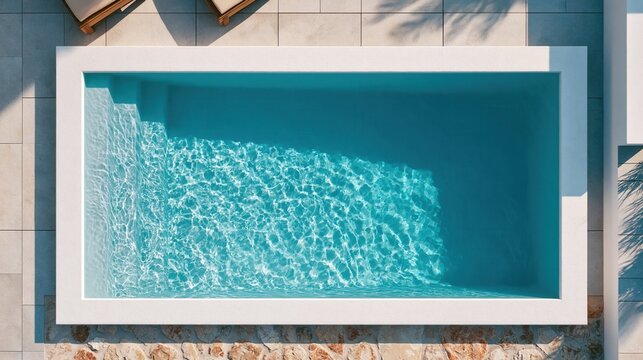 Top down aerial view of a modern rectangular swimming pool with clear blue water.