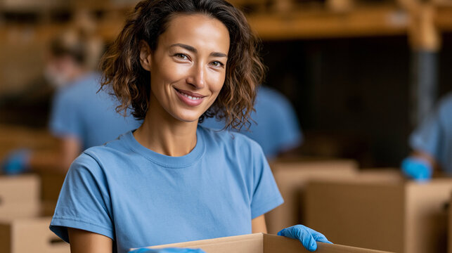 Diverse volunteers smiling while sorting donated food at a community charity center, preparing boxes for those in need concept, with copy space
