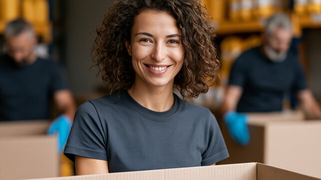 Diverse volunteers smiling while sorting donated food at a community charity center, preparing boxes for those in need concept, with copy space