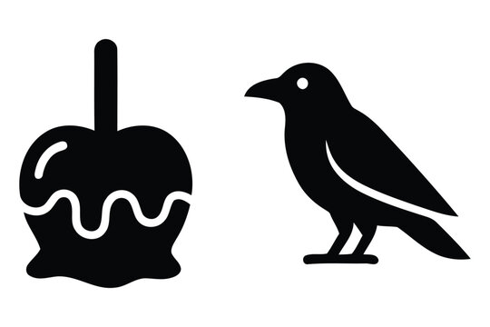 Black silhouette of bird and candy apple on white background