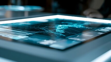 Fototapeta premium Hands interact with a luminous digital data flow visualization displayed on a screen with bright LED illumination